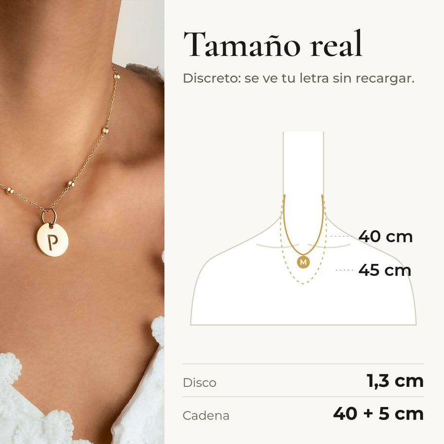 Tamaño real del Collar Círculo Inicial: disco de 1,3 cm y cadena de 40 + 5 cm
