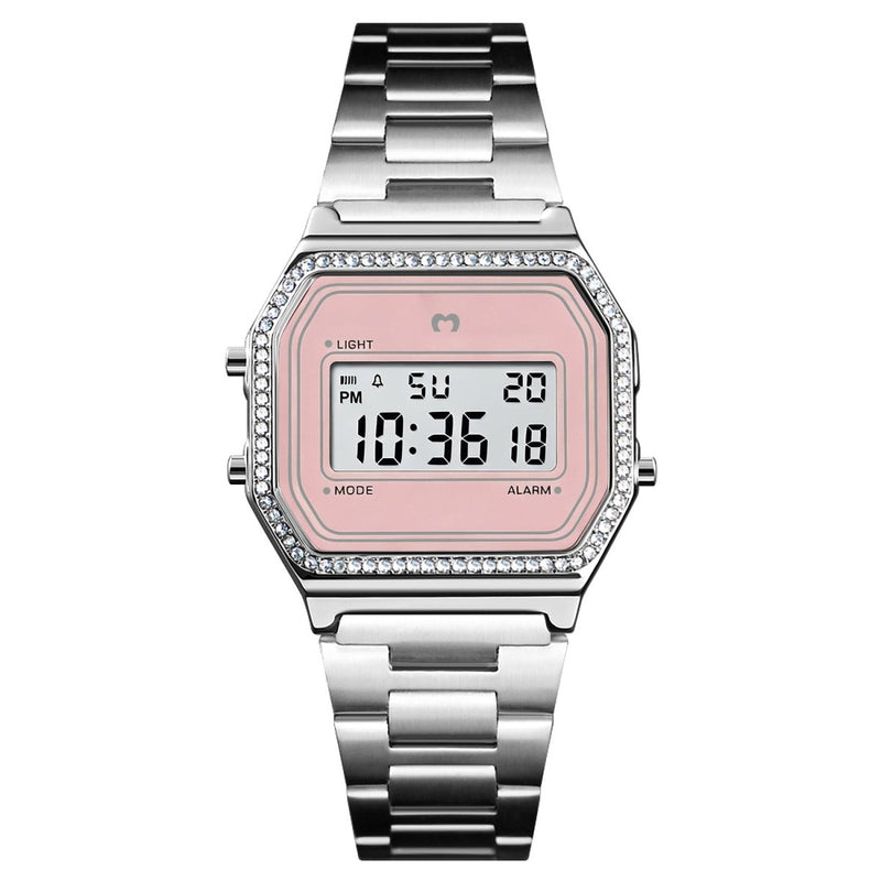 Reloj Digital Vintage Brillo ~ Silver-Pink